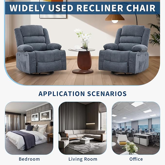 360° Swivel Recliner Chair for Adult Linen Rocker Chair with 3 Positions/2 Side Pockets/Cup Holders Manual Nursery Glider Rocking Chair for Bedroom Living Room Office