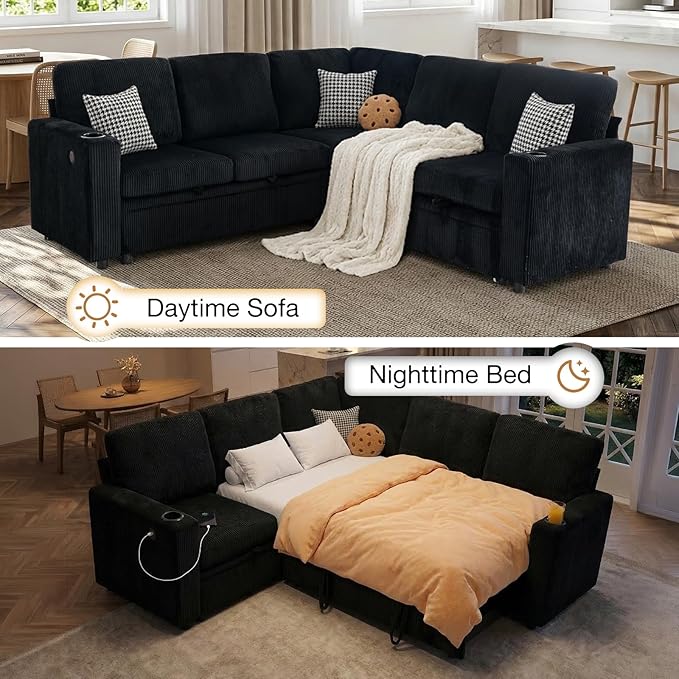 83 Sleeper Couch with Pull Out Sofa Bed 5-Seater Sectional Couches for Living Room L-Shaped Couch with Storage USB Port &amp Cup Holder Corduroy Convertible Corner Sofa for Apartment