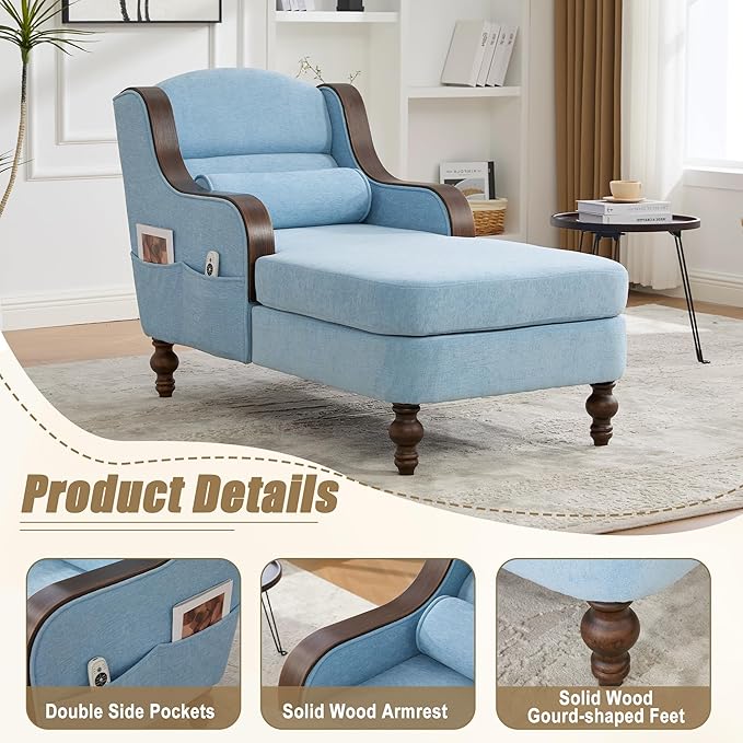 Upholstered Oversized Chaise Lounge Chair Solid Wood Frame Comfy Arm Chair with Thick Double-Layer Cushion Curved Armrests Modern Overstuffed Sleeper Recliner for Bedroom Living Room (Light Blue)