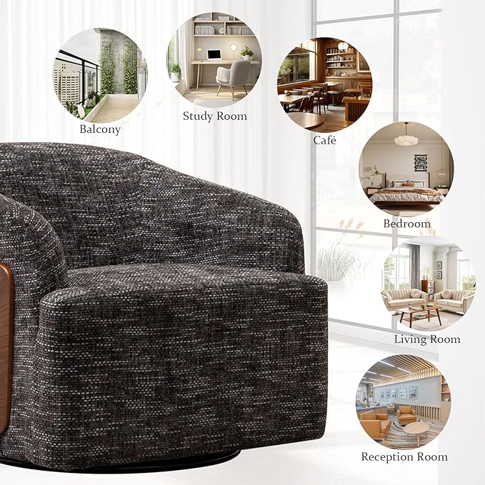 Swivel Accent Chair Linen Swivel Barrel Chair Comfortable Mid Century Modern Chair Upholstered Metal Base Armchair for Living Room Bedroom Office Large Vintage Gray