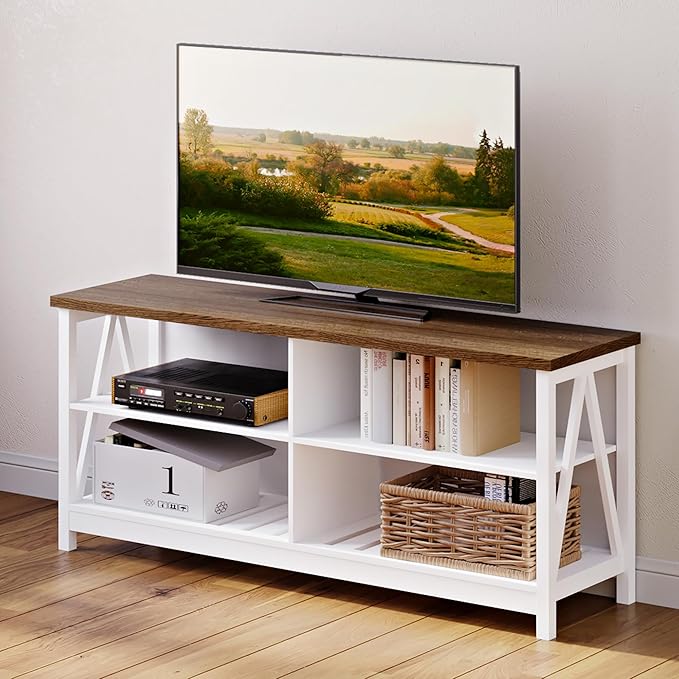 ChooChoo Farmhouse TV Stand for TVs up to 60 Inch Modern Entertainment Center with 4 Open Shelves &amp Built-in Cable Holes Media TV Console for Living Room Bedroom White