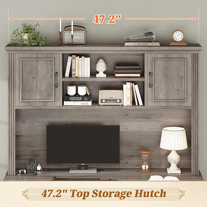 SEDETA Office Desk with 3 Drawers 47.2 Executive Computer Desk with Storage Drawers and Hutch Cabinet Wood Farmhouse Desk with Power Outlet for Home Office Grey