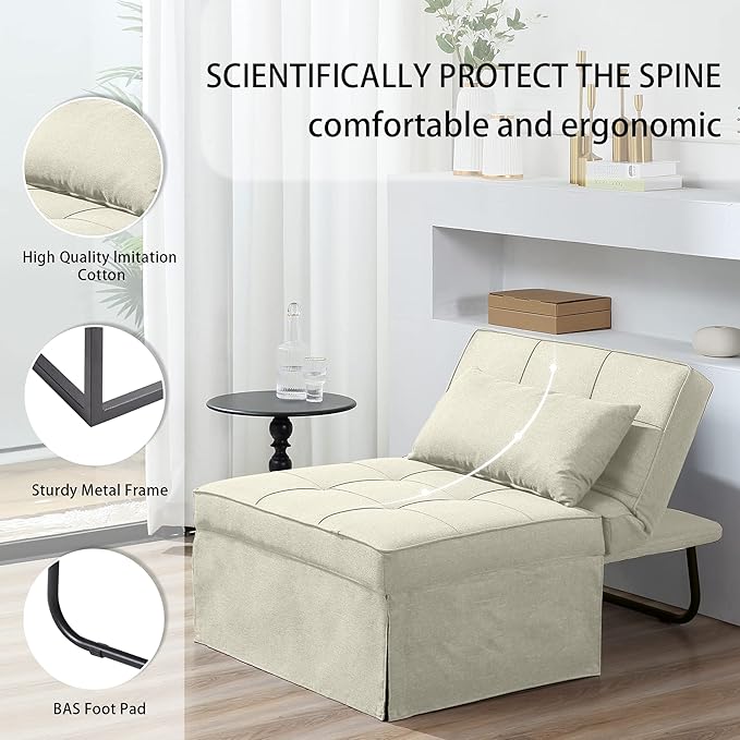 BIGSYY Sofa Bed Set of 4 in 1 Multi-Function Folding Ottoman Breathable Linen Couch Bed with Adjustable Backrest Modern Convertible Chair for Living Room Apartment Office White