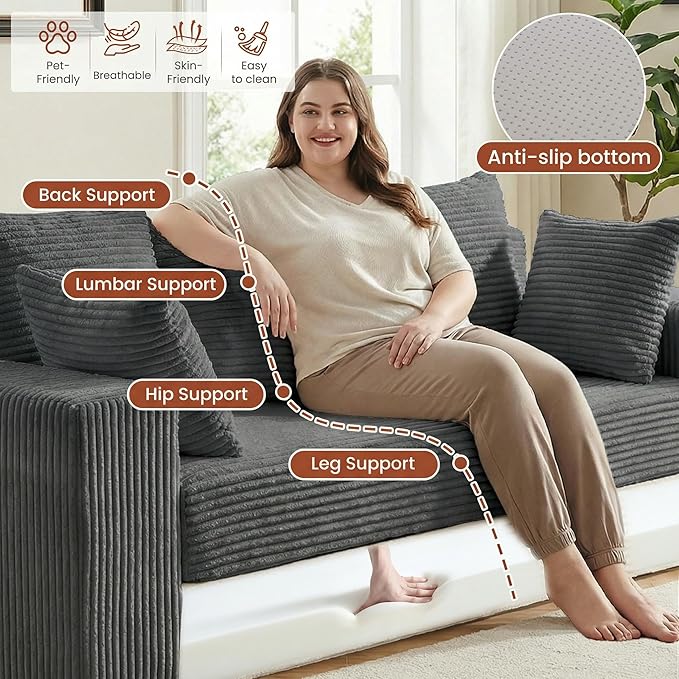 Convertible Sofa Bed 5 in 1 Small Boneless Couch Pull Out Loveseat Sleeper SofaCorduroy Futon Couch Folding Mattress with 4 Pillows for Living Room Bedroom Lounge (No Assembly)