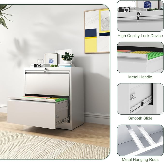 2 Drawer File Cabinet with Lock Small Filing Cabinets for Home Office Modern Farmhouse Under Desk Storage Cabinet Organizer with Locking DrawersWhite