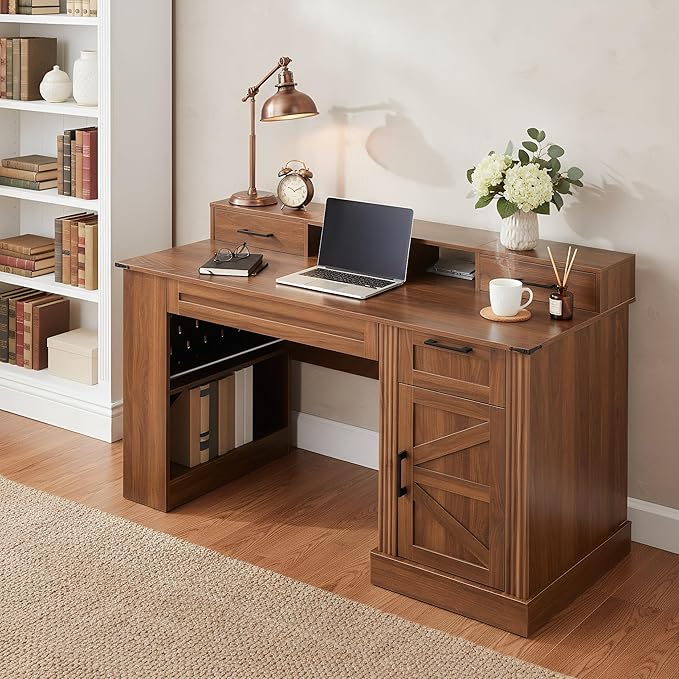 55 Farmhouse Computer Desk with Power Outlets Removable Monitor Stand with Drawers Convertible Keyboard Tray &amp Storage Cabinet Home Office Writing Desk with Pegboard Organizer