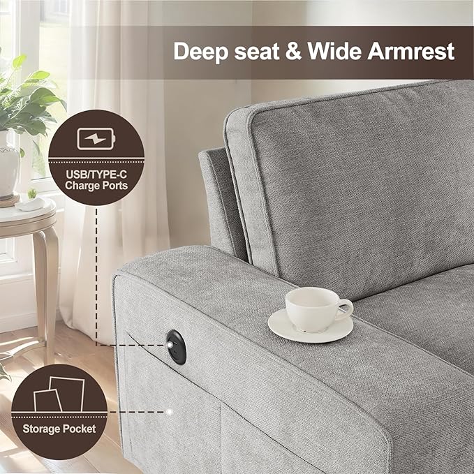 PARKOL 101 L-Shaped Sectional Couch with Storage Sofa with Reversible Chaise USB Type-C Charging Chenille Fabric Removable Cushion Covers for Small Space Apartment Living Room Light Gray