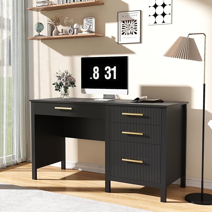 Modern Executive Desk with Drawers: 54 Black Computer Desk with File Drawer Wood Writing Desk with Storage Fluted Home Office Desks for Living Room