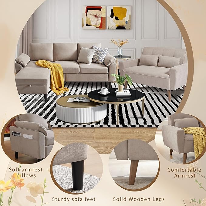 2 Piece Sectional Sofa Set 3-Seat Small L Shaped Couch with Storage Ottoman and 2 Seat Loveseat Sofa Set Polyester Fibre for Living Room Beige
