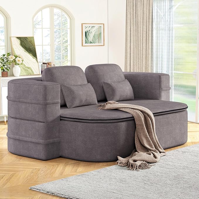 Antetek Convertible Sleeper Sofa Modern Folding Futon Chenille Floor Foam Compression Loveseat Sofa Bed Couch Foldable Full Size Guest Bed with 4 Pillows for Living Room Bedroom Apartment Grey