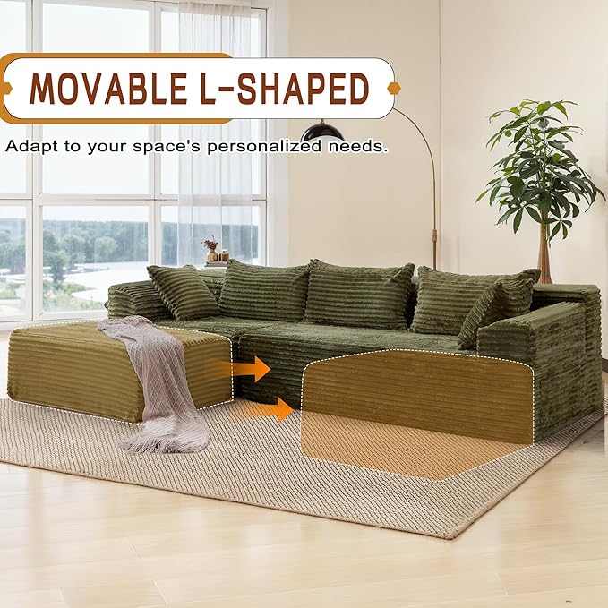 110 L-Shaped Modular Sectional Sofa with Chaise Boneless Comfy Corduroy Fluffy Couch with Deep Seat and Side Pockets Flexible Module Combination for Living Room No Assembly Side Pockets