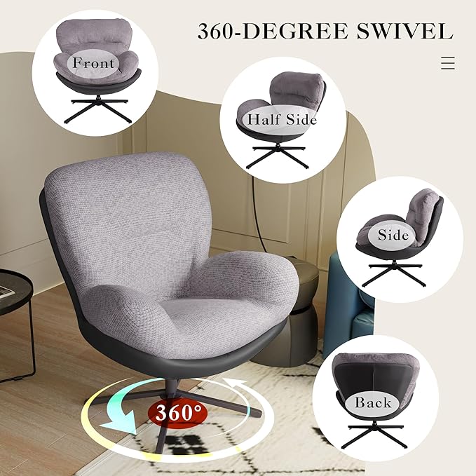 360° Swivel Accent Chair Modern Upholstered Chenille Lounge Chair Faux Leather Club Chair with Metal Base FrameComfy Reading Chair for Small Spaces Living Room Bedroom Office 31.25H Light Gray