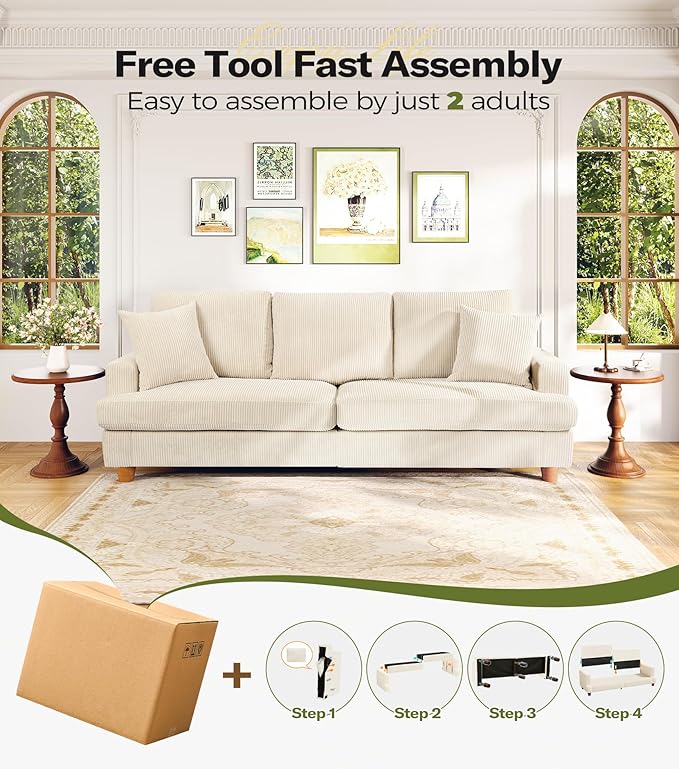 87in Corduroy Couch Kidirect Sofa No Tool Assembly Comfy Couches for Living Room 21in Deeper Seats Corduroy Sofas for Living Room with 2 Pillows Oversized Loveseat Sofa Boho Love Seat Beige Couch