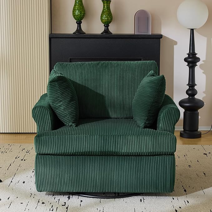 Karl home 39 Swivel Accent ChairOversized Seat Armchair W/2 Pillows and 4 PocketsModern Upholstered Corduroy Barrel ChairsComfy Single Sofa for Living RoomReadingBedroom and Office-Dark Green