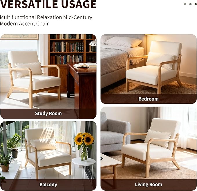 Mid-Century Modern Accent Armchair with Solid Rubberwood Frame Upholstered Lounge Chair with Detachable Lumbar Pillow for Living Room Bedroom &amp Office Upholstered Armchair for Girls Boys.