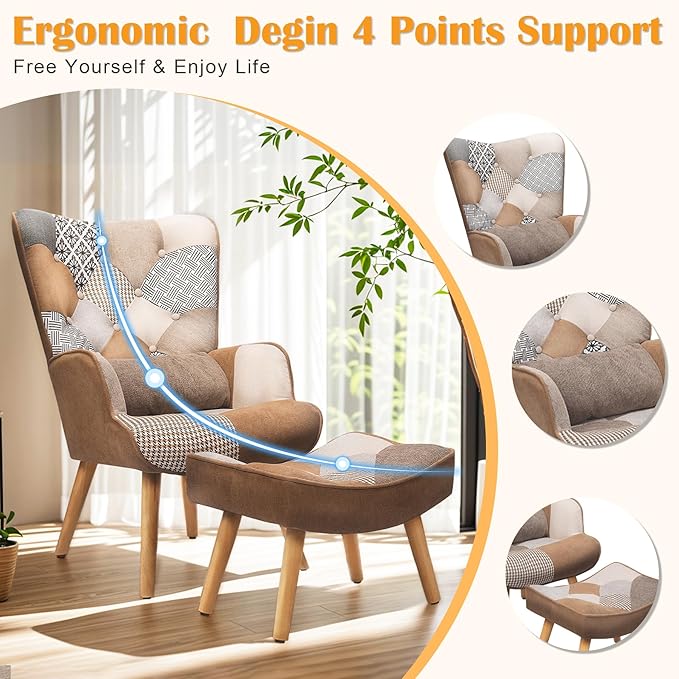 HomeMiYN Accent Patchwork Chair with Ottoman Set Fabric High Wingback Chair Comfy Bohemian Flax Design with Throw Pillow for Living Room Bedroom Patchwork Brown