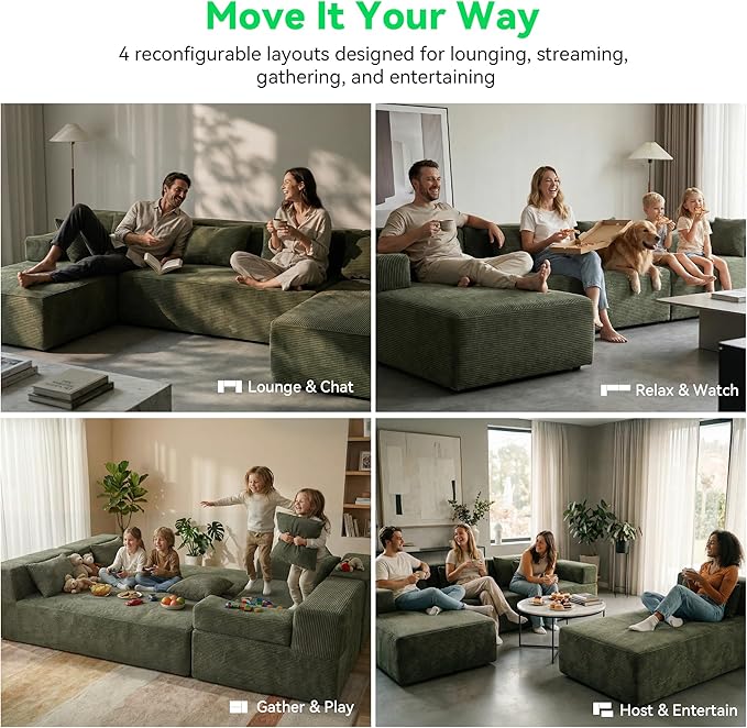 141 Modular Sectional Sofa 6-Seat U-Shaped Cloud Couch with 2 Removable Armrests &amp 6 Throw Pillows Boneless Couches for Living Room No Assembly Green | Convertible