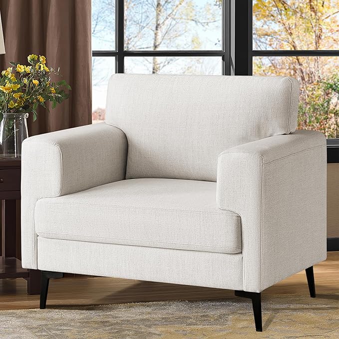 Oversized Accent Chair Upholstered Living Room Chairs Single Sofa Chair w/Metal Legs Comfy Linen Fabric Reading Lounge Armchair for Apartment Bedroom Office Cream 1PC