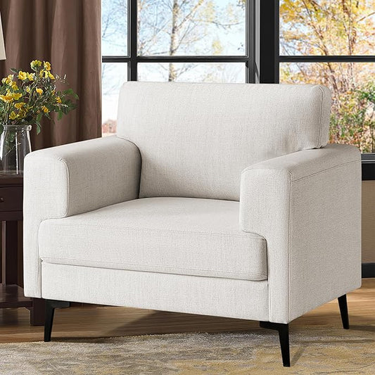 Oversized Accent Chair Upholstered Living Room Chairs Single Sofa Chair w/Metal Legs Comfy Linen Fabric Reading Lounge Armchair for Apartment Bedroom Office Cream 1PC