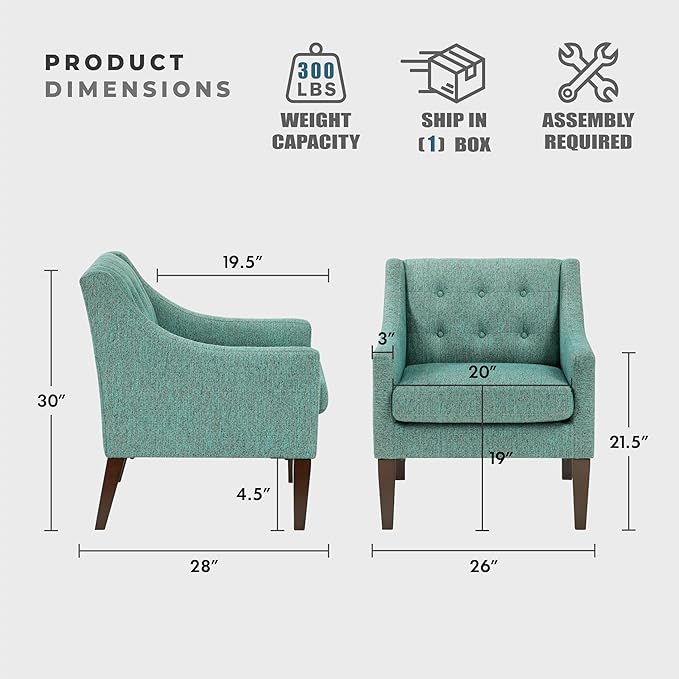 Lexicon Living Room Accent Chair Textured Fabric Upholstered Arm Chair with Button Tufted Back Sloped Arms and Wooden Legs Green