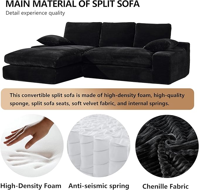 98.4 Black Sectional Sofa Cloud Modular Sectional Couch with ChaiseCorduroy Sectional Couches L-Shaped Modern Upholstered Sofa with Deep Seat for Living Room and BedroomNo Assembly Required(Black)