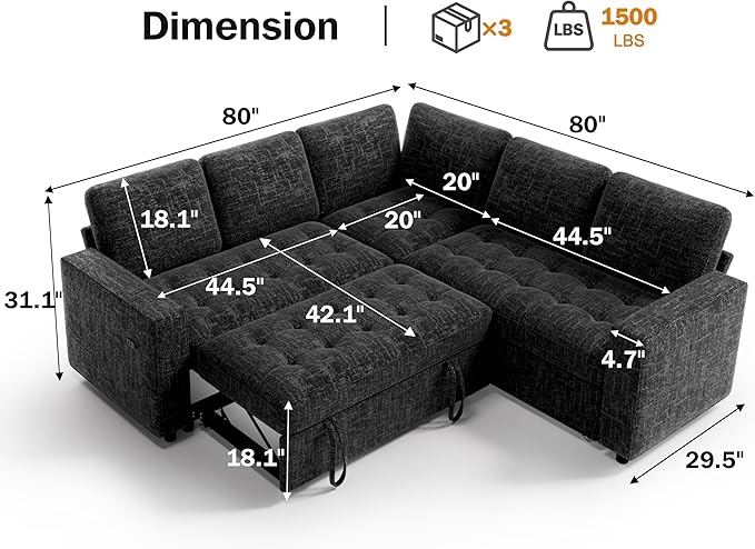Vipbear Modular Sectional Sleeper Sofa Bed with Pull Out Bed/Reclining Backrest/USB Ports 5 Seat L Shaped Sectional Sleeper Couch Tool-Free Assembly Chenille Black