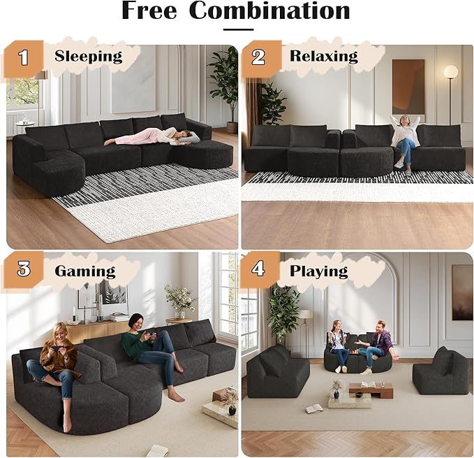 144 Boneless Couches for Living Room Modern U Shaped Sectional Couch with Chaise Lounge Comfy Deep Seat Cloud Sofa No Assembly Required (Dark Grey)
