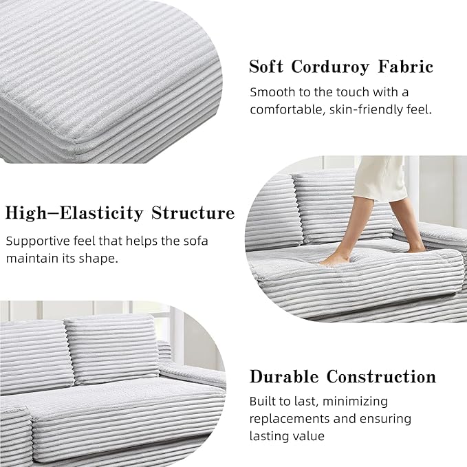 71 Corduroy Cloud Loveseat Sofa Bed Pull Out Convertible 2-in-1 Boneless Couch Deep Seat 2-Seater Design No Assembly Floor Sofa with Side Pockets for Living Room Bedroom Apartment (Grey)