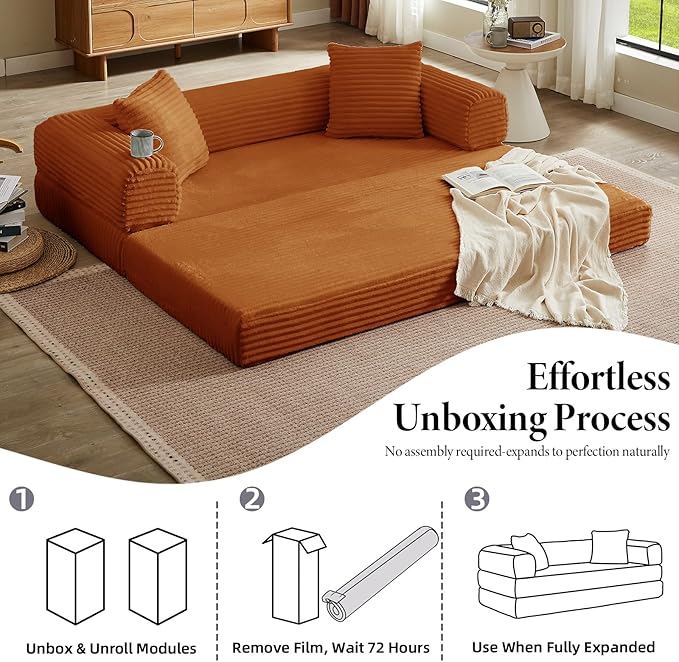 Folding Convertible Sleeper Sofa Bed Corduroy Upholstered Boneless Couch with Pillows Modular Floor Sofa Compression Couch for Living Room No Assembly Required (Orange)