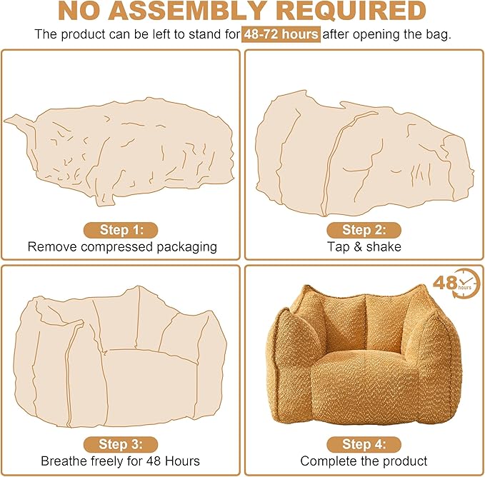 47.2 Inch Oversized 2 Piece Single Sofa Set Comfy Beanbag Chairs with Scratch-Resistant Pet-Friendly Chenille Modern Couch with Arms No Assembly Required Yellow