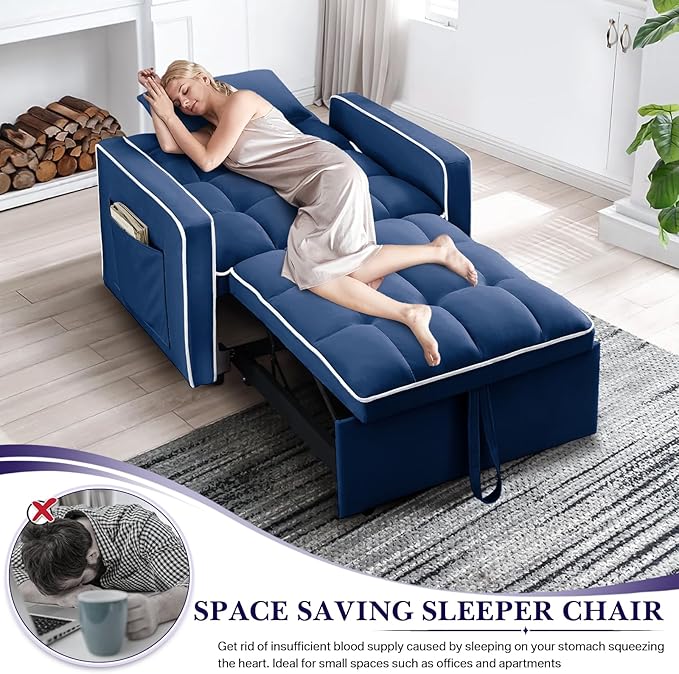 Antetek Convertible Sleeper Chair Bed 3 in 1 Modern Velvet Pull Out Sofa Bed Small Tufted Single Sleeper Chair with Adjustable Backrest/Pillow for Living Room Small Spaces Apartment Office Blue