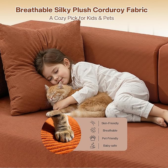 79 Inch Convertible Sofa Bed Couch in Box 5 in 1 Folding Modular Boneless Couch with Pull Out Bed 2 Pillows Soft Corduroy Floor Futon Lounge Loveseat Sleeper Lazy Cama No Assembly Orange