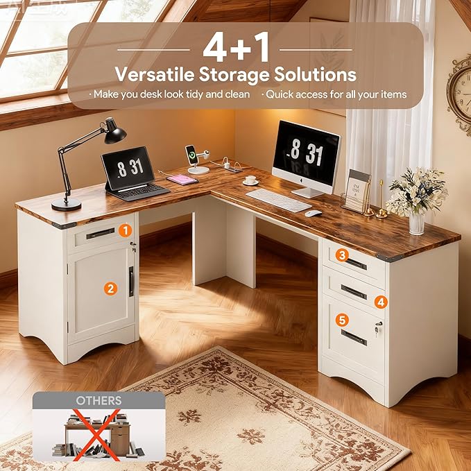 L Shaped Farmhouse Executive Desk with Drawers 67 Home Office Desks with Fast Charging Station Lockable File Cabinet Wood Writing Computer Desk for Work Study White
