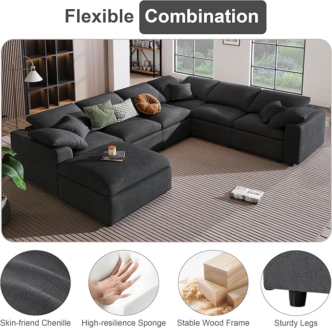 129.3 Oversized Modular Sectional Sofa U Shaped Couch with Movable Ottoman Large 7 Seater Corner Sofa for Living Room Office Spacious Space Grey
