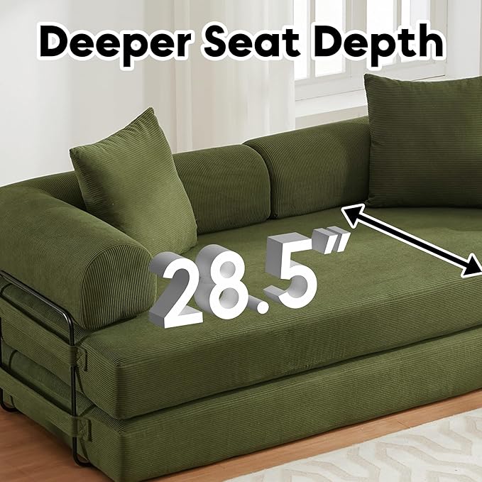 Convertible Sleeper Sofa Bed with Cylindrical Pillow Corduroy Folding Mattress Couch with Fixed-Shape Frame Floor Sofa Lounge Couch for Living Room Bedroom Lounge Studio-Green