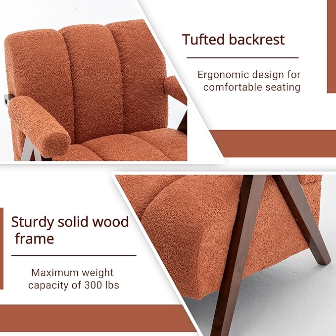 Mid Century Modern Accent Chairs Set of 2 with Solid Wood Frame Boucle Upholstered Living Room Chairs with Thick Cushion Comfy Tufted Arm Chair for Bedroom Orange