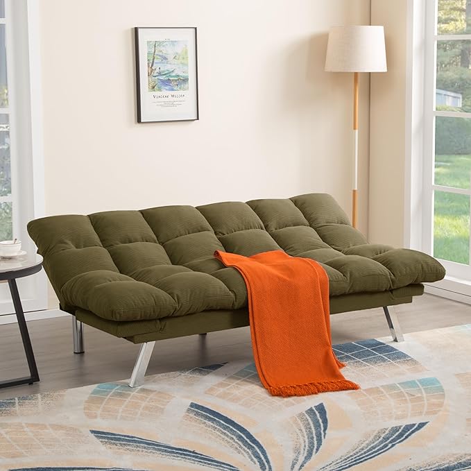 67” Convertible Futon Couch Bed Adjustable Pillow Top Arm Memory Foam Cloud Futons Loveseat Modern Light Gray Corduroy Mini Small Sofa Couches for Living Room