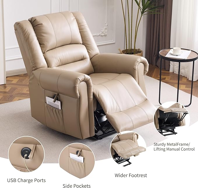 Power Lift Recliner Chair with Massage and Heating PU Leather Electric Recliner Sofa with USB Charger 300lbs Capacity Lift Chair 8-Point Massage &amp Lumbar Heating Easy Assembly(Light Brown)
