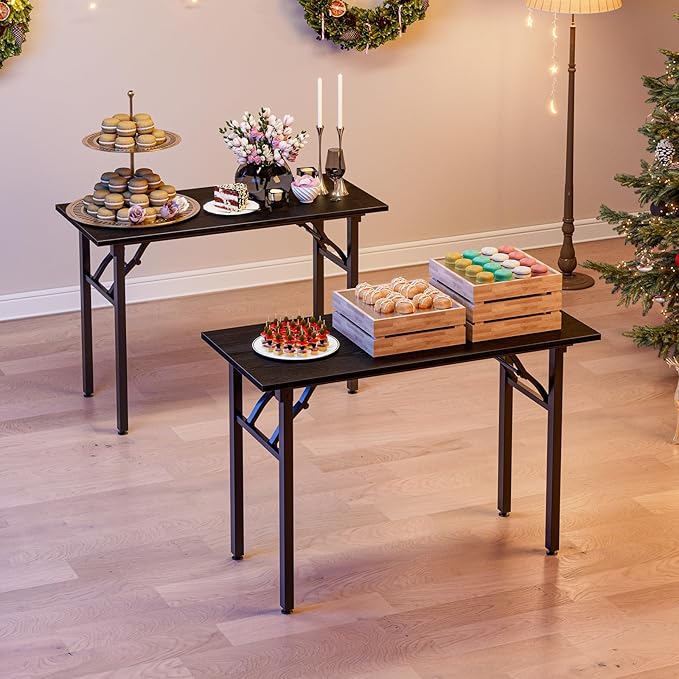 TEMI Small Computer Desk Folding Table - No Assembly Compact 44.3 Foldable Desk with Power Outlets &amp USB Charging Port Portable Small Office Desk Ideal Mini Study Table Dark Oak