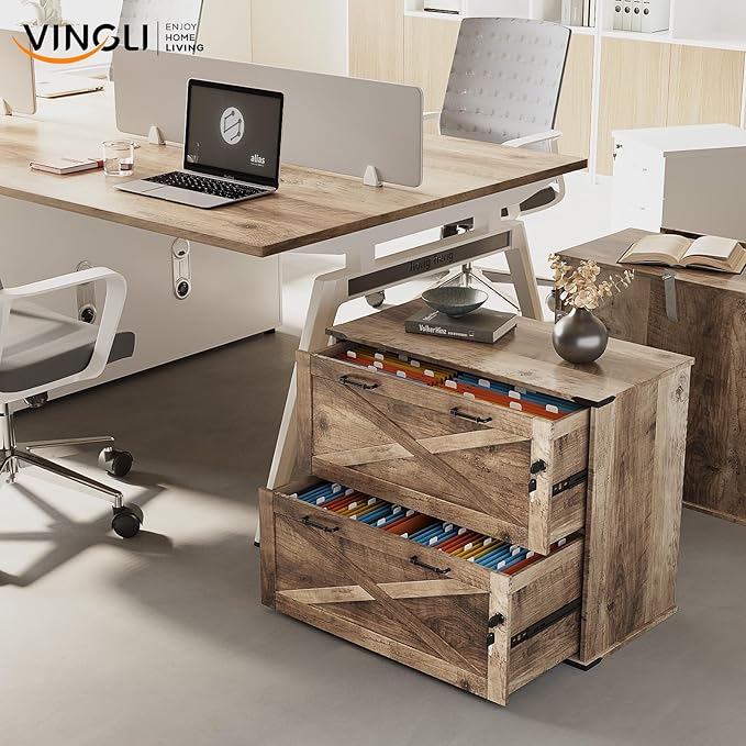 VINGLI 2 Drawer File Cabinet with Lock Home Office Filing Organizer for Letter Legal A4 Size File Folder Storage Modern Farmhouse Wood Lateral Filing Cabinet Archivador (Rustic Gray)