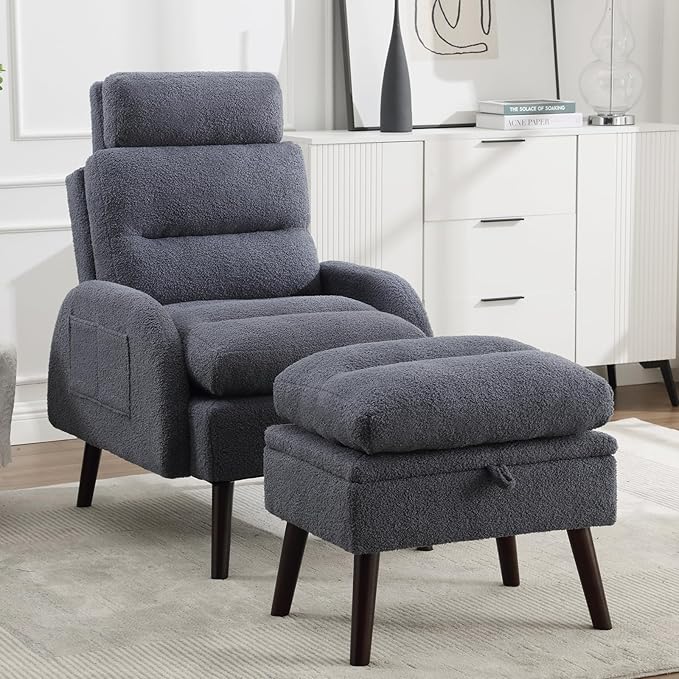 Accent Chair with Ottoman Comfy Reading Chair with Ottoman Set Modern Oversized Velvet Lounge Armchair with Adjustable Backrest for Living Room Bedroom (Teddy Blue Grey)