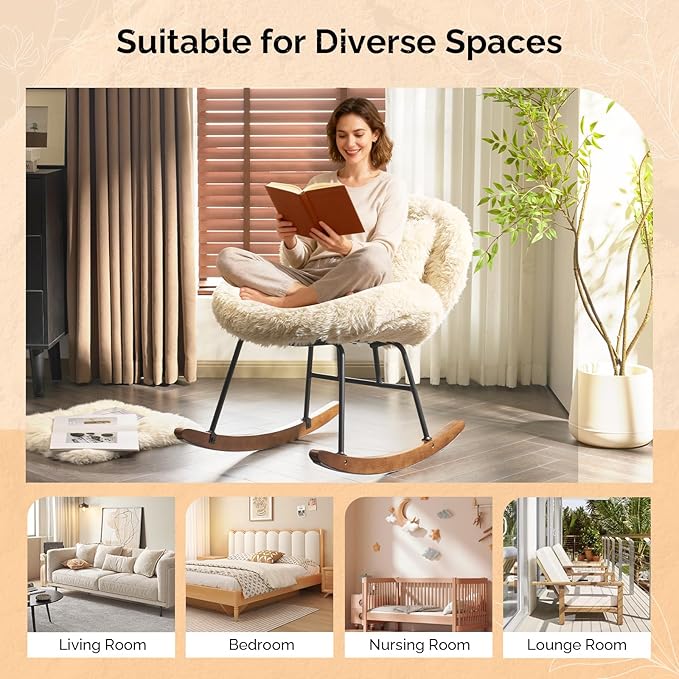 VINGLI 25.6 Extra Wide Nursery 115° Armless Rocking Chair Curved Cute Cross-Legged Glider Chair with Pillow &amp Solid Wood Nursing Chair for Bedroom Living Room Fluffy Fleece Khaki