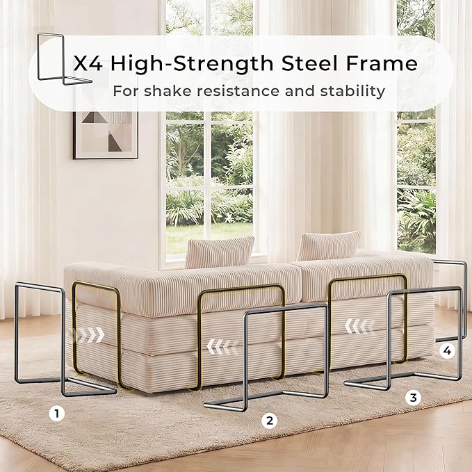 WELAX 77 Convertible Sleeper Sofa Bed Boneless Cloud Queen Futon Couches with 2 Pillows &amp Removable Armrests Corduroy Folding Floor Couch No Assembly for Bedroom Living Room Beige
