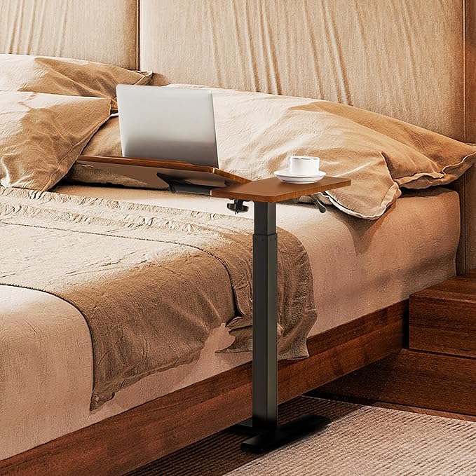 Adjustable Overbed Bedside Table with Hidden Wheels Pneumatic Tilt Board Rolling Laptop Standing Desk Cart Mobile Over Bed Sofa Chair Side End Tables Walnut (Walnut)