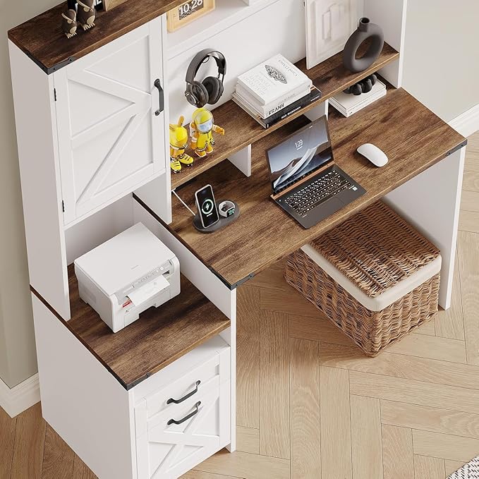 Farmhouse Executive Desk 51 Computer Desk with 2 Drawers Storage Cabinet and RGB LED Lights Power Outlets Wood Home Office Desk with Hutch and Monitor Stand for Work Study Writing Rustic White