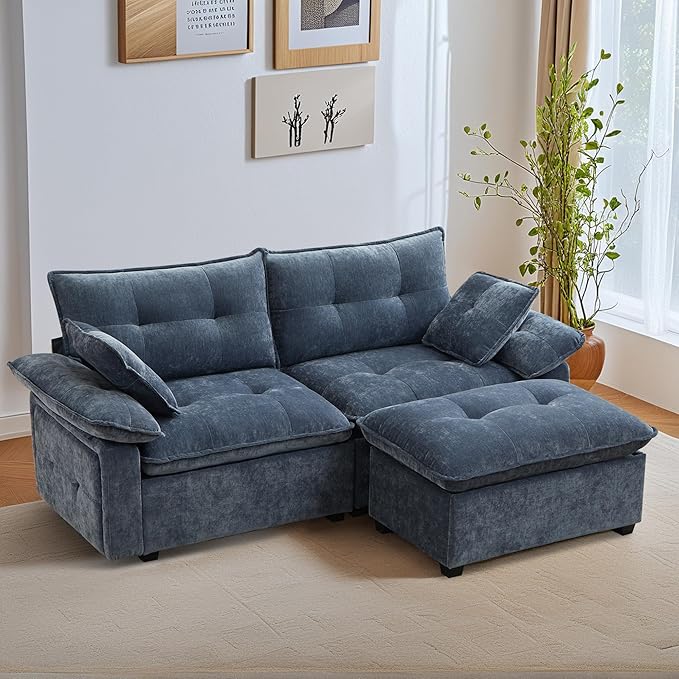 Modular Loveseat Sofa with Ottoman 81.5'' Deep Seat 2-Seater Chenille Couch Comfy L Shaped Convertible Small Sofa for Apartment Living Room Office Soft FabricLoveseat Sofa (Mist Blue)