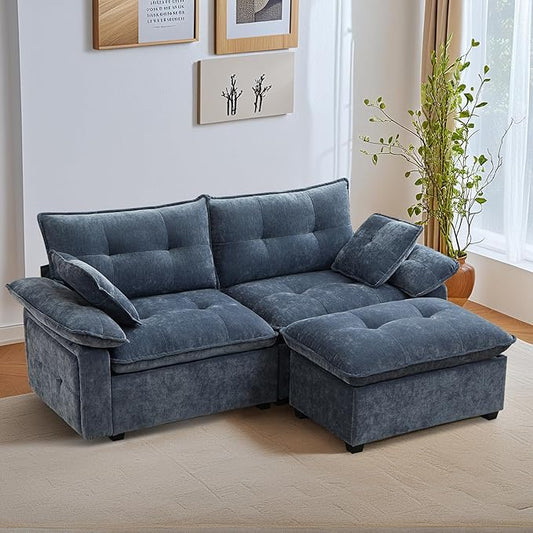Modular Loveseat Sofa with Ottoman 81.5'' Deep Seat 2-Seater Chenille Couch Comfy L Shaped Convertible Small Sofa for Apartment Living Room Office Soft FabricLoveseat Sofa (Mist Blue)