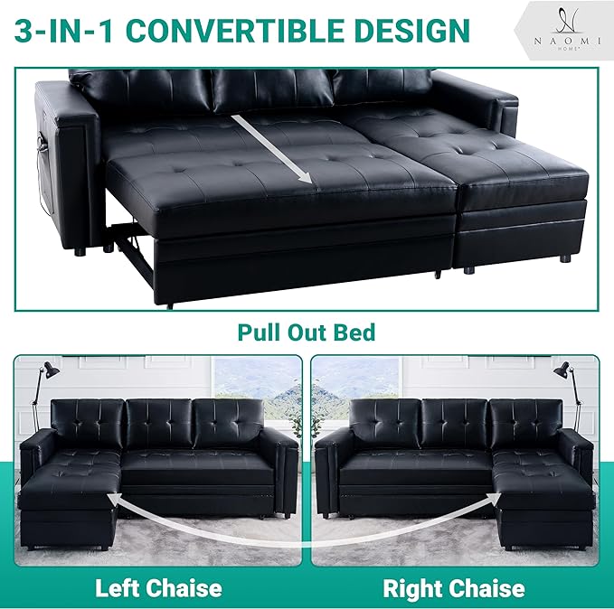 Naomi Home L-Shaped Sectional Sleeper Sofa with USB Ports - Convertible Pull-Out Bed Ample Storage Timeless Design Durable Construction Black/Air Leather