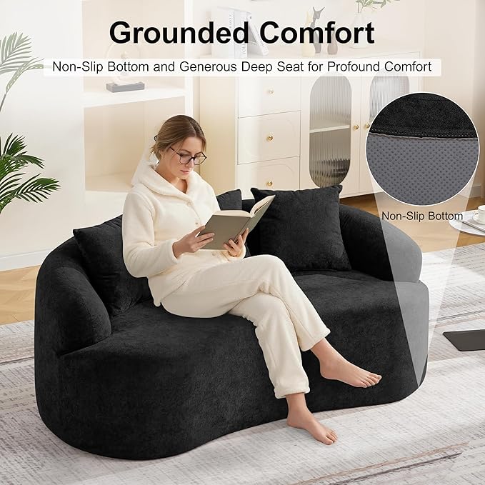 65 Boneless Curved Loveseat Sofa Deep Seat Love Seat Couches Modern 2 Seater Curved Couch with 3 Throw Pillows Compressed Floor Sofa for Living Room Small Spaces No Assembly Black