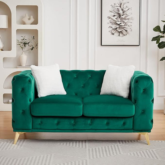 KEIKI 61 Luxury Oversized Velvet Chesterfield Sofa with 2 Pillows Mid-Century Style 2-Seater Tufted Buttons Couch with High-Density Foam Cushions Easy Assembly for Apartment Living Room Green